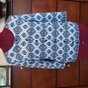 Talbots Petites Cotton 3/4 Sleeve Blue & White Geometric Print Cardigan; Size SP